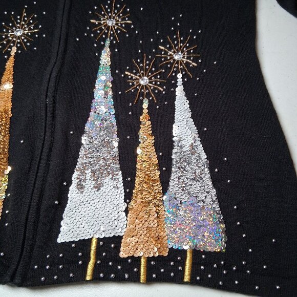 Berek Cardigan Sweater Women L Sequins Beaded Christmas Trees Pine Tree - Picture 10 of 12